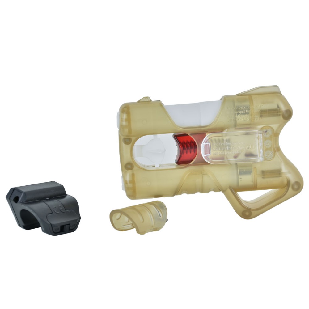 Vista laterale esplosa laser clip Piexon per ANGY Gold: dispositivo trasparente oro con puntatore rosso, supporto nero e cappuccio
