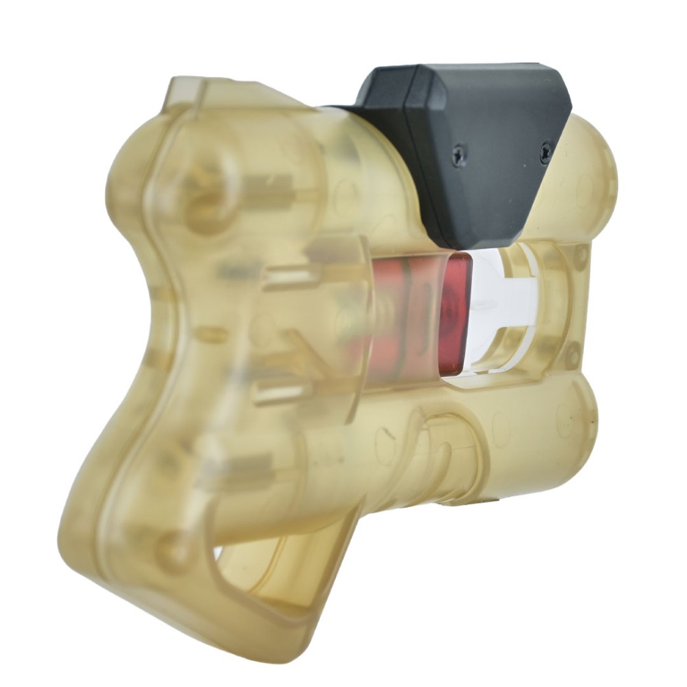 Vista laterale 3/4 del laser clip Piexon per ANGY Gold montato sul dispositivo trasparente oro con puntatore rosso visibile