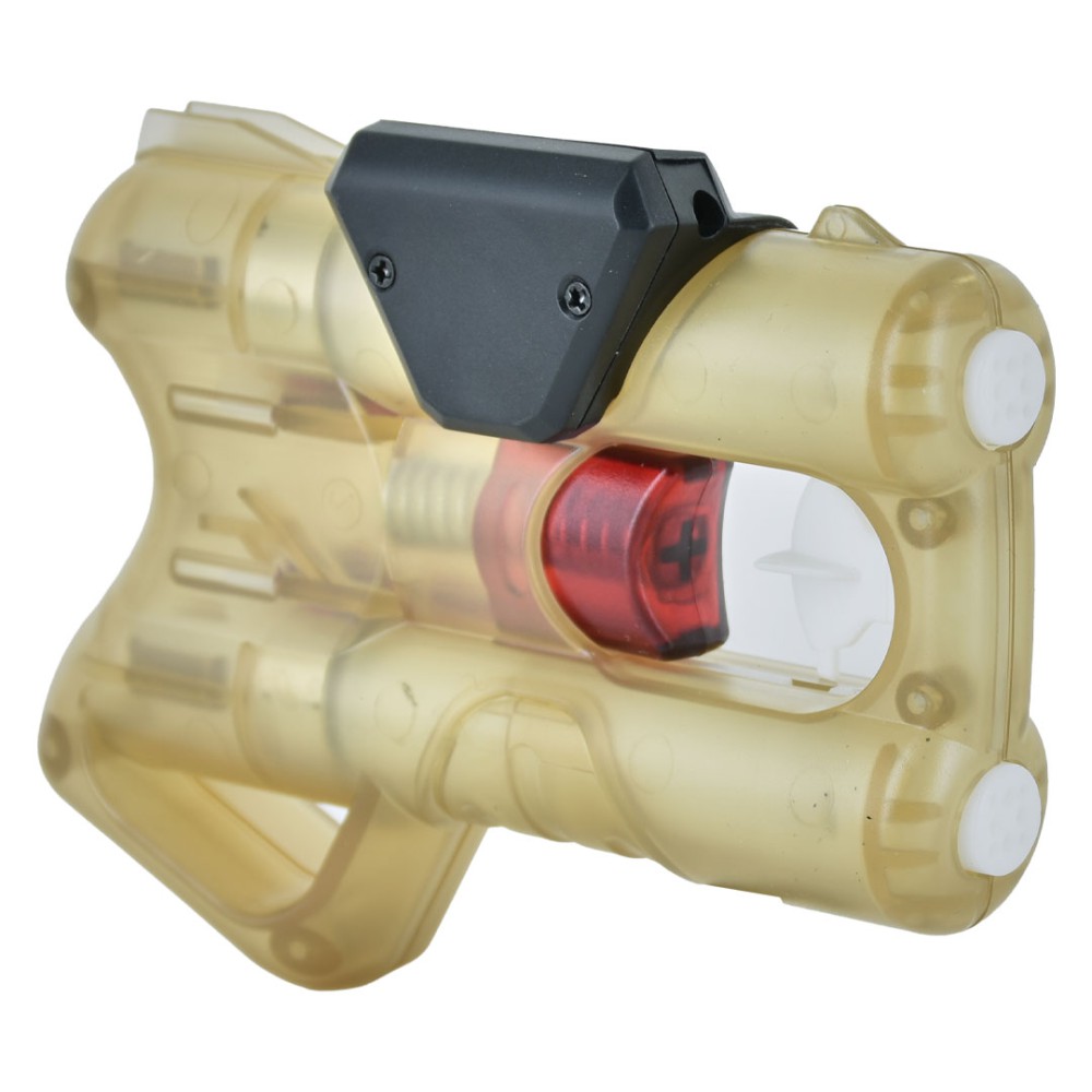 Vista laterale 3/4 del laser clip rosso Piexon montato su dispositivo ANGY Gold trasparente dorato con scocca semitrasparente