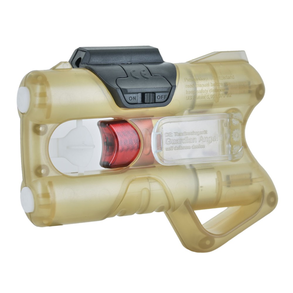 Vista laterale 3/4 del Laser Clip Piexon montato su ANGY Gold trasparente: modulo nero con switch ON/OFF e punto laser rosso visibile