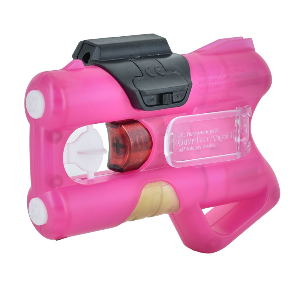Vista 3/4 anteriore del dispositivo di autodifesa ANGY Pink con laser clip Piexon montato in posizione superiore, scocca rosa e modulo laser nero con interruttore ON/OFF visibile