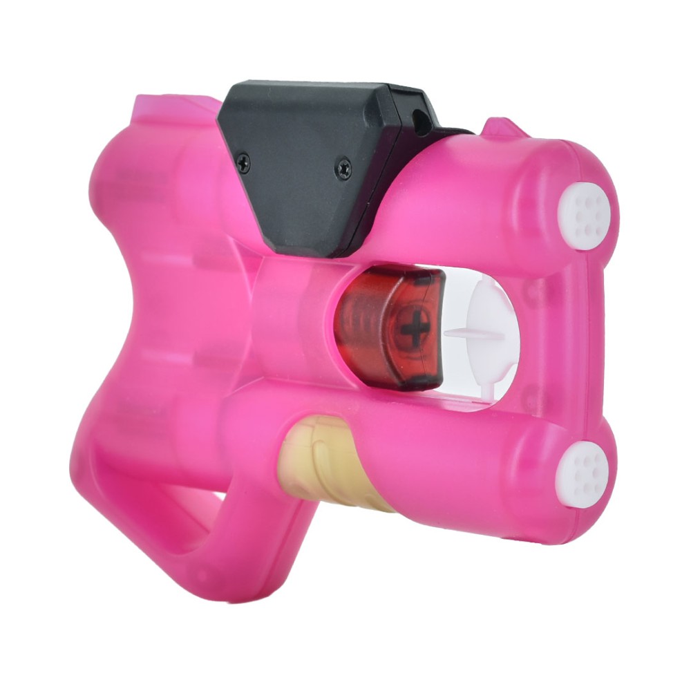 Vista 3/4 frontale di ANGY Pink con laser clip Piexon montato in nero sul dorso, ugello rosso centrale visibile e due elettrodi bianchi laterali