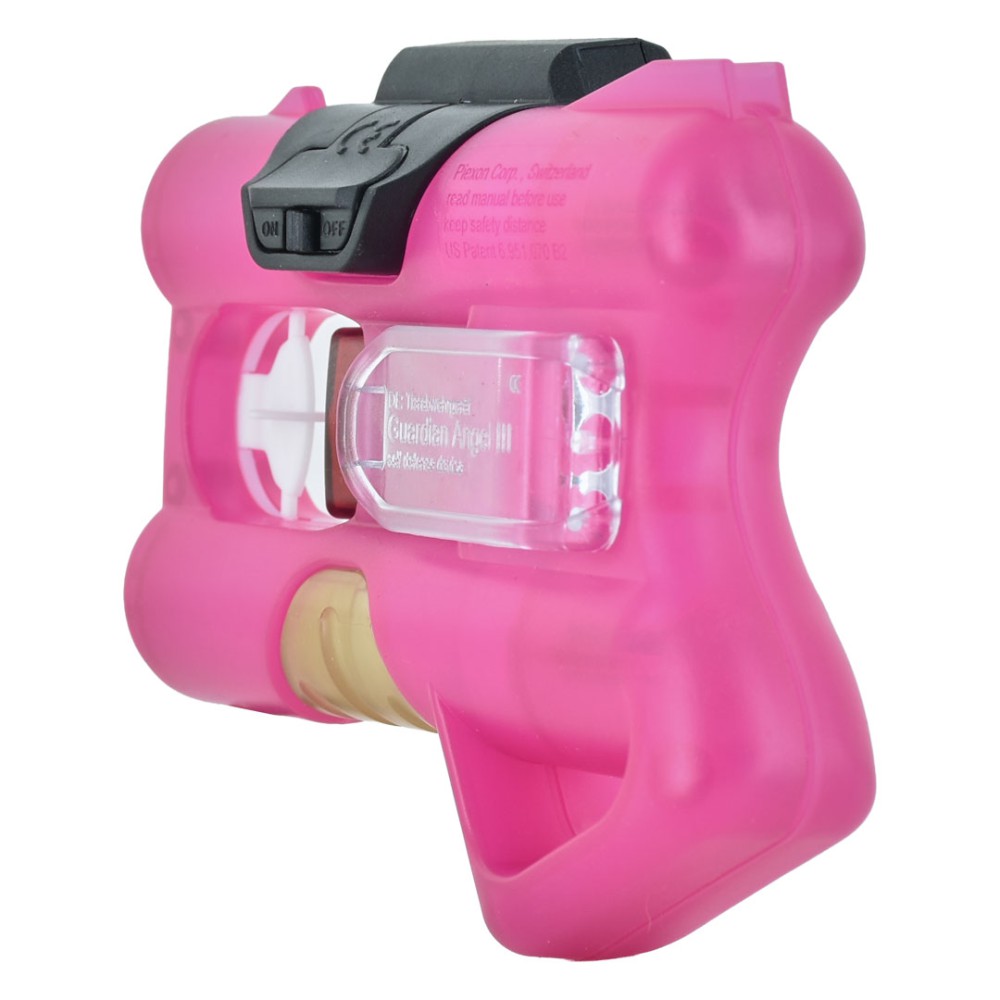 Vista laterale 3/4 del dispositivo spray ANGY Pink con laser clip nero montato in posizione attiva e finestra trasparente Guardian Angel III