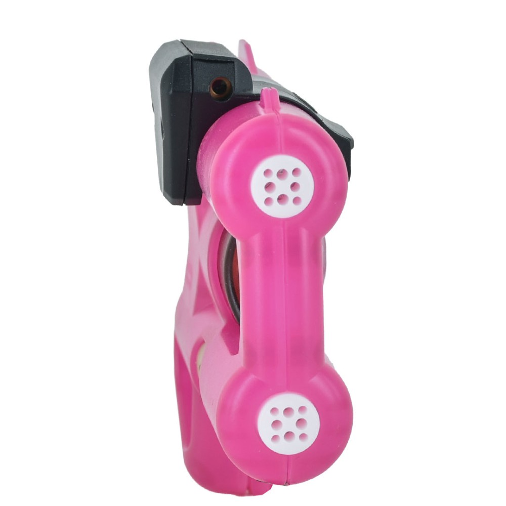 Vista laterale del laser clip rosa per ANGY Piexon montato sul dispositivo, con modulo laser grigio superiore e clip a forma di cornetta telefonica in plastica fucsia con due dischetti bianchi forati