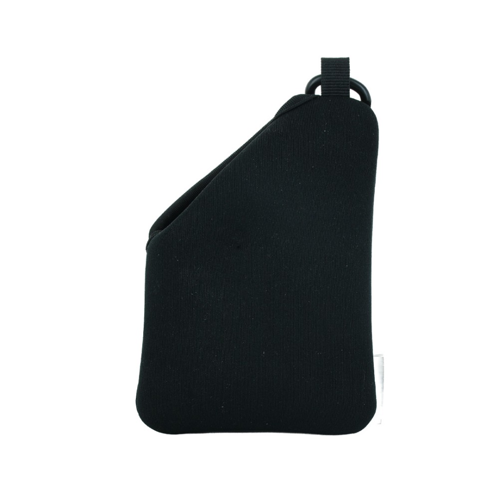 Vista frontale della pouch protettiva ANGY in neoprene nero con moschettone metallico e passante in tessuto nella parte superiore