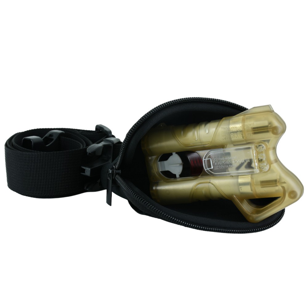 Vista 3/4 dall'alto della custodia waist Angy Belt aperta con zip, cintura nylon nera con sgancio rapido e dispositivo ANGY trasparente dorato inserito