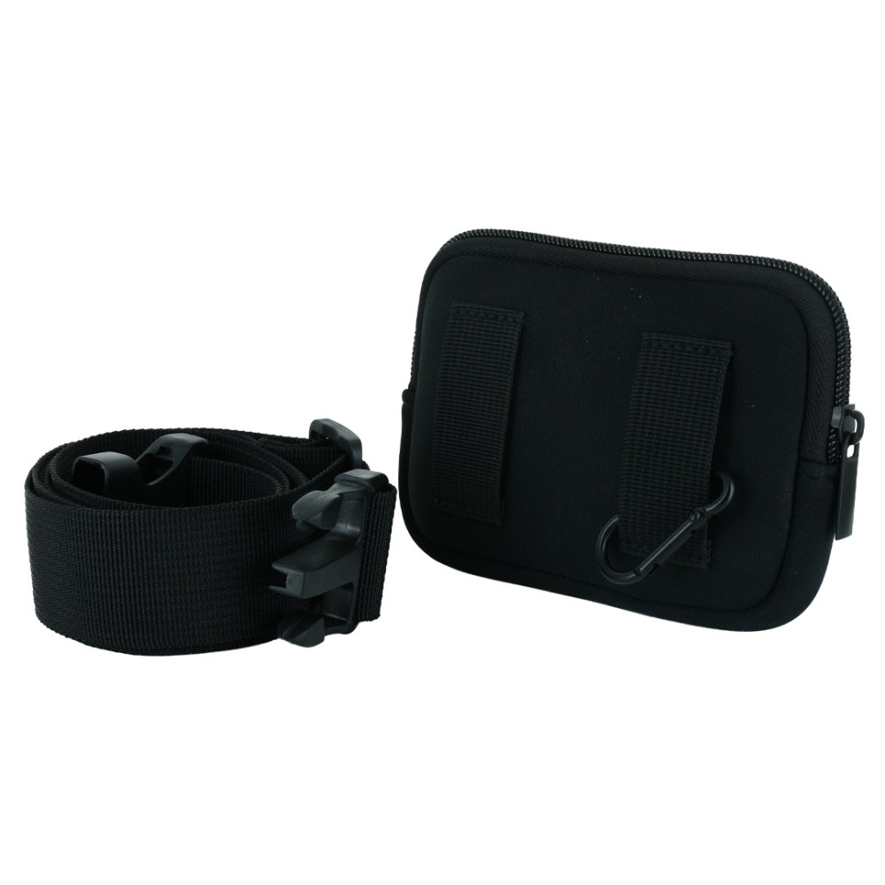 Vista 3/4 custodia waist ANGY in neoprene nero con zip, gancio moschettone e cintura nylon regolabile con sgancio rapido