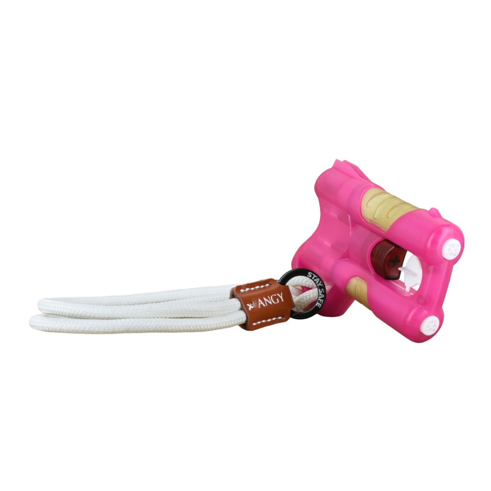 Vista laterale laccio da polso ANGY rosa con cordino bianco intrecciato, gancio in pelle marrone e spray al peperoncino agganciato